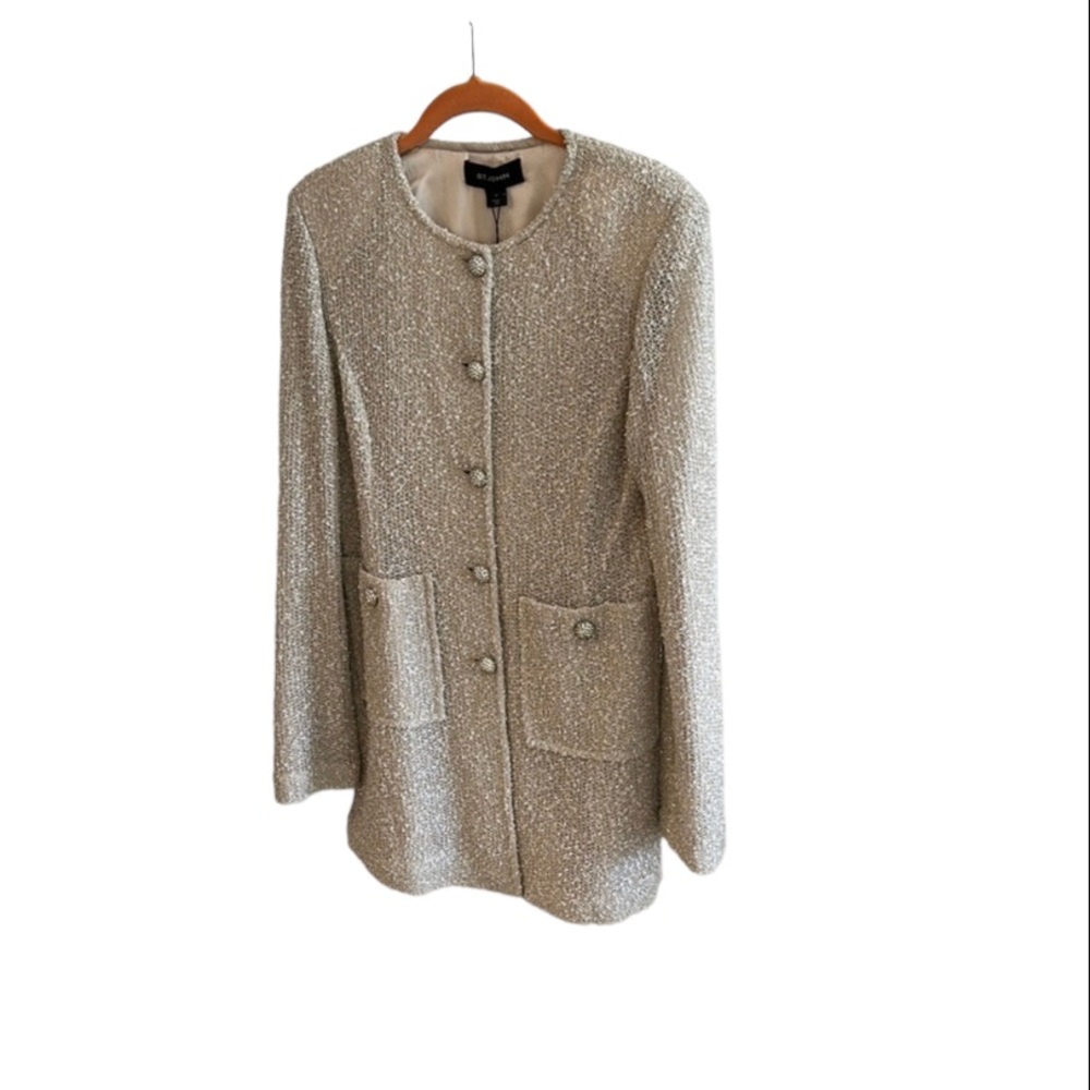 St John Couture Alabaster Shimmer Knit Jacket with Swarovski CS buttons.